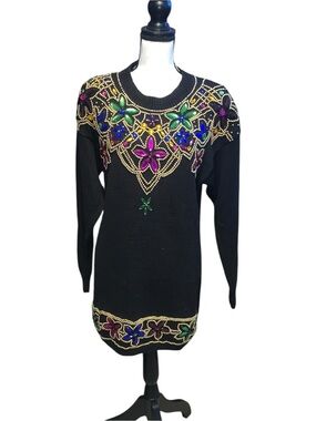 Vtg Lisa Ashley Originals Embellished Beaded Sweater Dress Black Long Sleeve